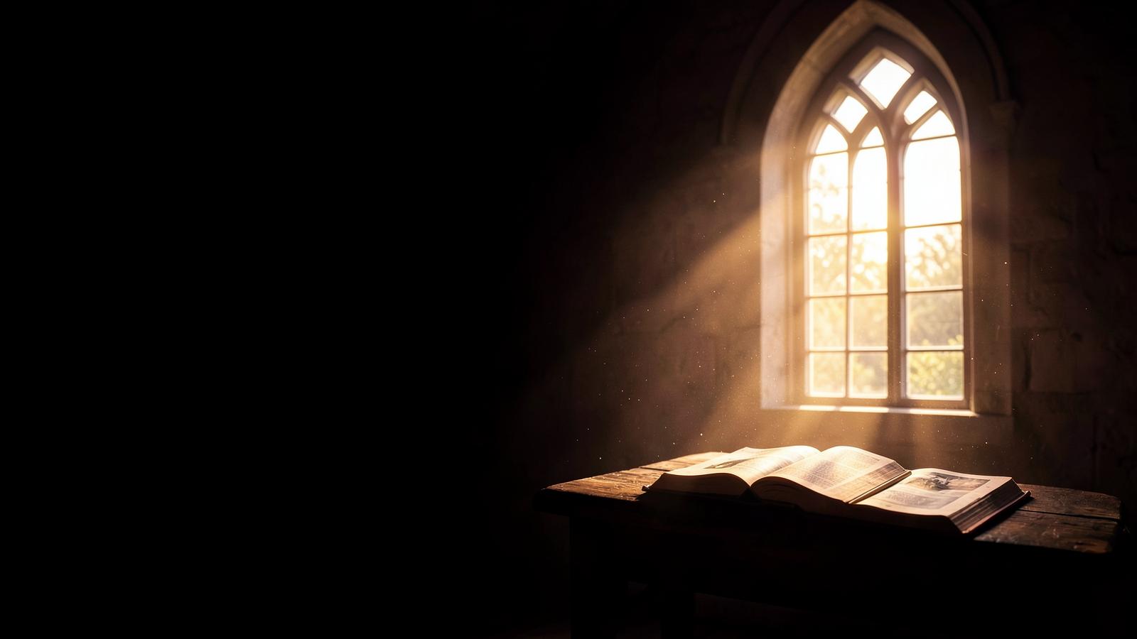 Bíblia aberta recebendo a luz dourada do amanhecer